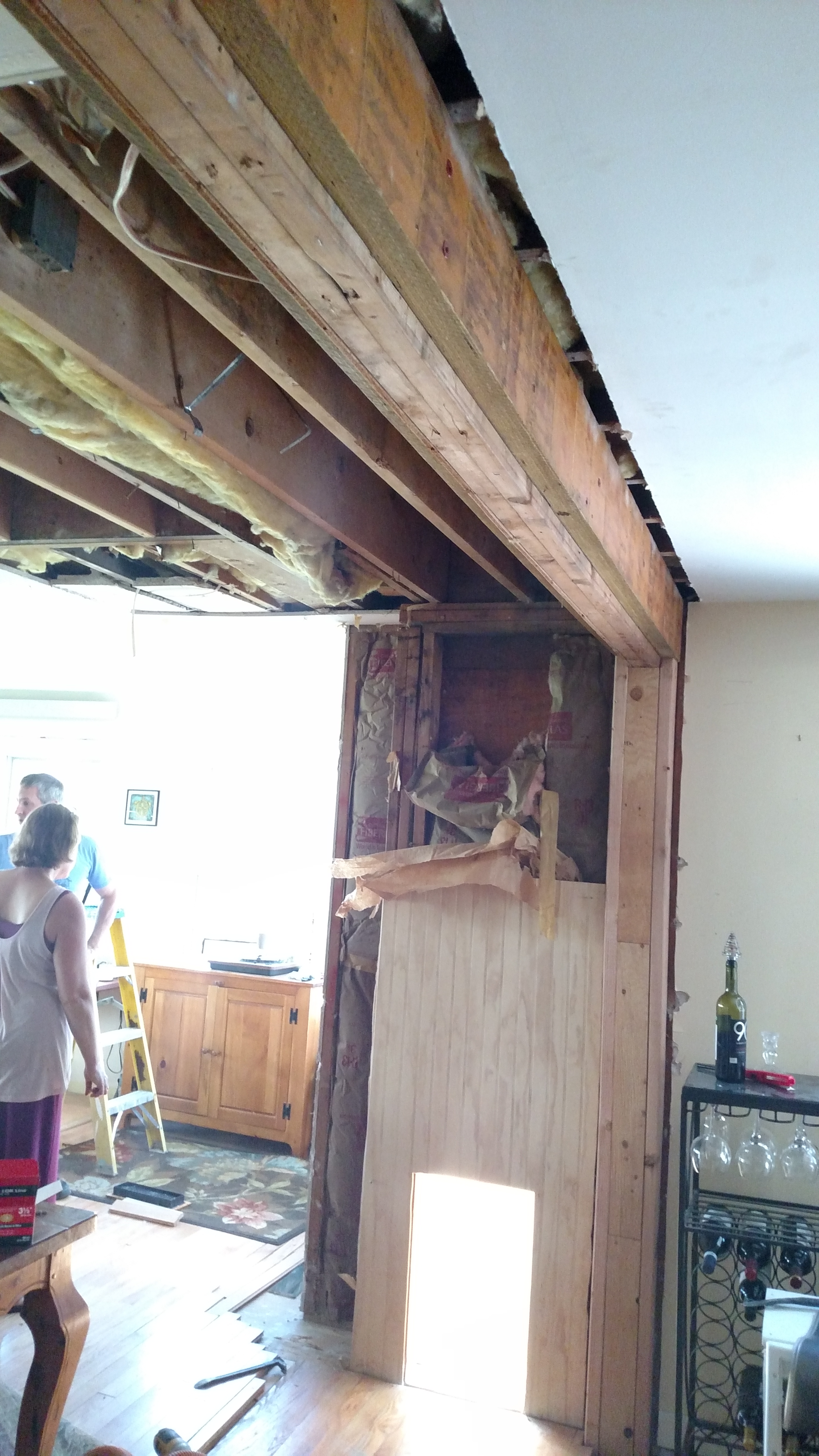 While we had some sheetrock off downstairs, we took the opportunity to sister up one of the old main beams in the house with two new LVLs to stop future sagging.